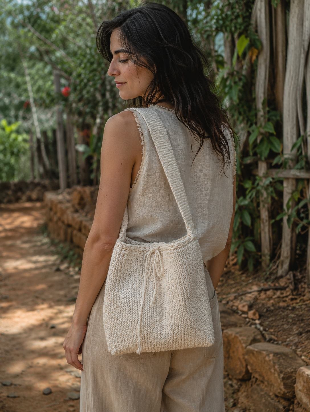 Mochila de algodón tejida a mano, llevada al hombro