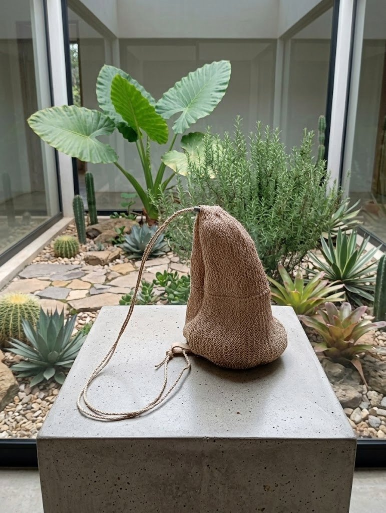 Talega de fique reposando sobre un pedestal en un jardín de suculentas
